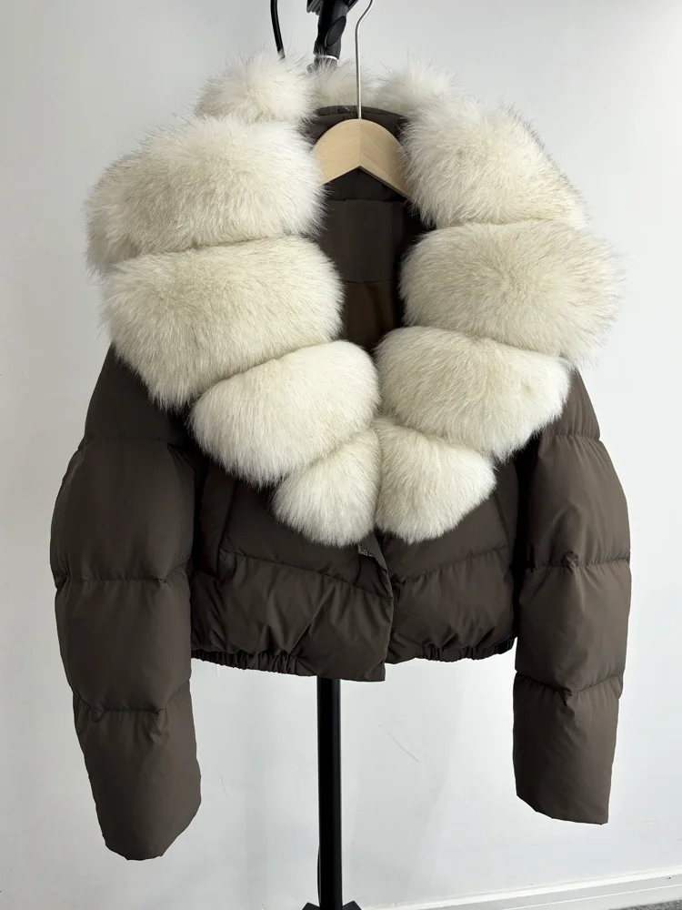 Janveny Big Natural Fox Fur Coat Women 2024 Autumn Winter Female Parkas 90% White Duck Down Jacket Feather Short Puffer Coat 3