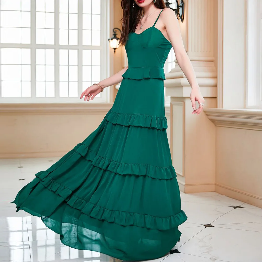 

Zoctuo Green Long Prom Dresses For Women Formal Spaghetti Strap Evening Dress With Chest Cotton Elegant Slim Tiered Ruffle Gowns
