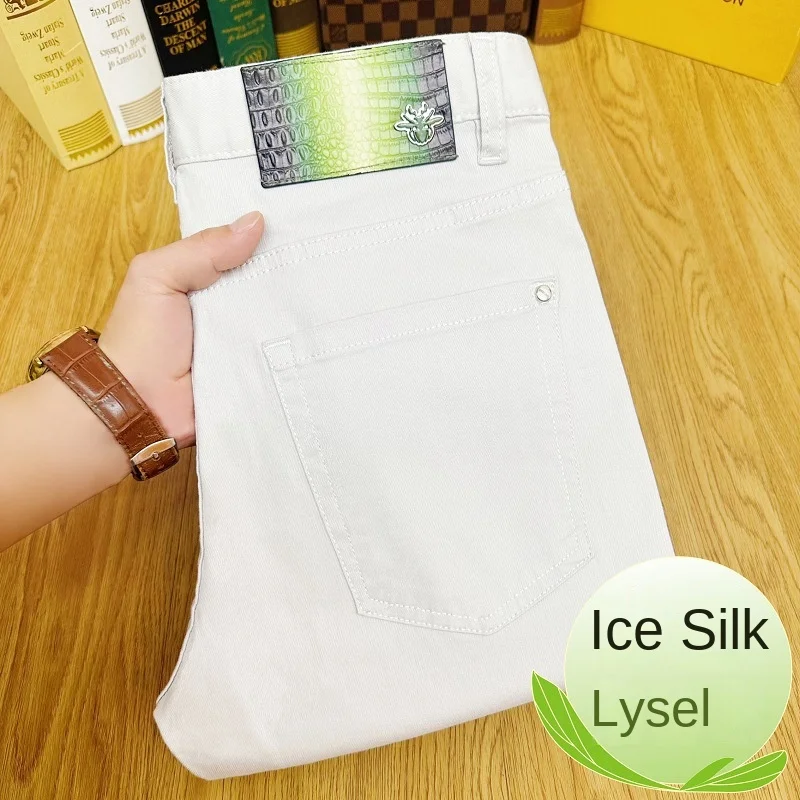 Summer Thin Jeans Men's Simple High-End Slim-Fit Stretch Ice Silk Cool Breathable Tapered Light Luxury Casual Trousers