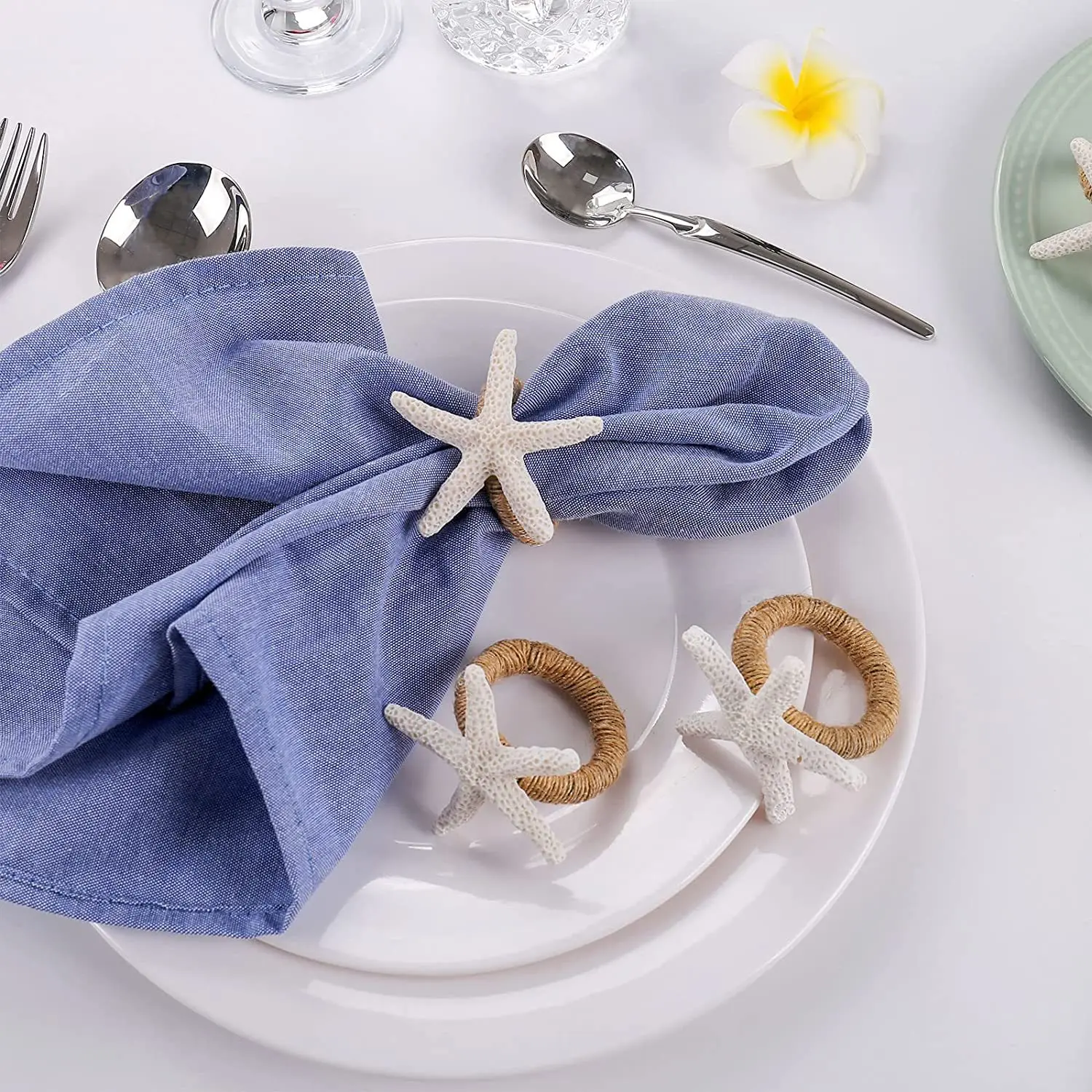6/1PCS Napkin Rings Starfish Napkin Rings for Table Decor White Sea Star Ring Holders for Coastal Decor Beach