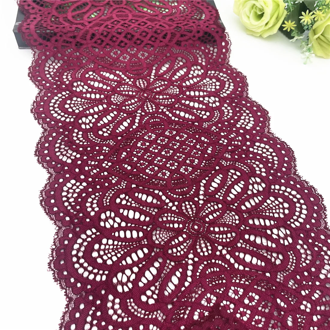 3y/lot Width 24.50cm Burgundy Elastic Stretch Lace Trims 1