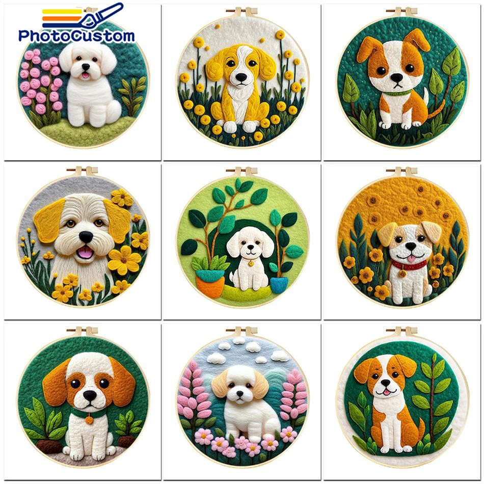 PhotoBeginner Easy Needle Felted Animals Embroidery Cute Dog Needle Wool Painting 20x20cm Frame Home Decoration Gift needle felting painting kit needle felting kit wool felting kit sewing craft kit