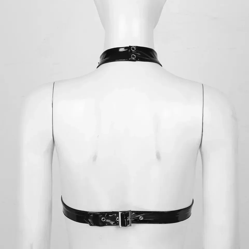 Sexy Women's Halter Neck Bandage Erotic Expose Breast Nipple Lingerie Latex Leather Sleeveless O Ring Buckled Open Cup Bras Tops