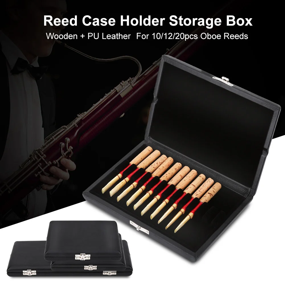 Elegant Wooden Oboe Reed Storage Box with PU Leather Cover - Holds Up to 12 Reeds