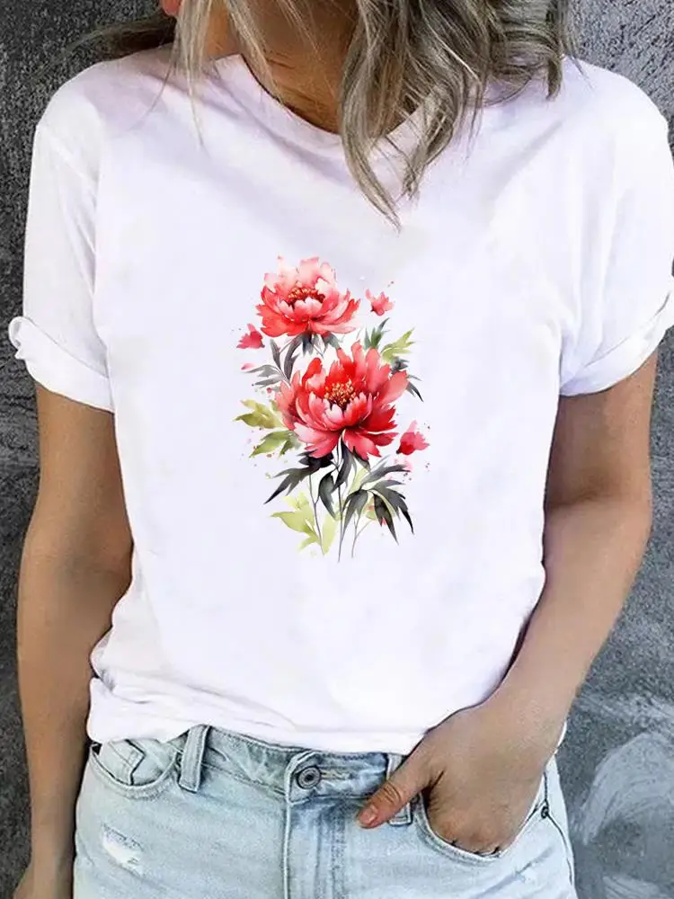 Flower Sweet Trend Cute 90s T-shirt Ladies Fashion Basic Women Graphic Short Sleeve Clothing Tee Top Clothes Print T Shirt