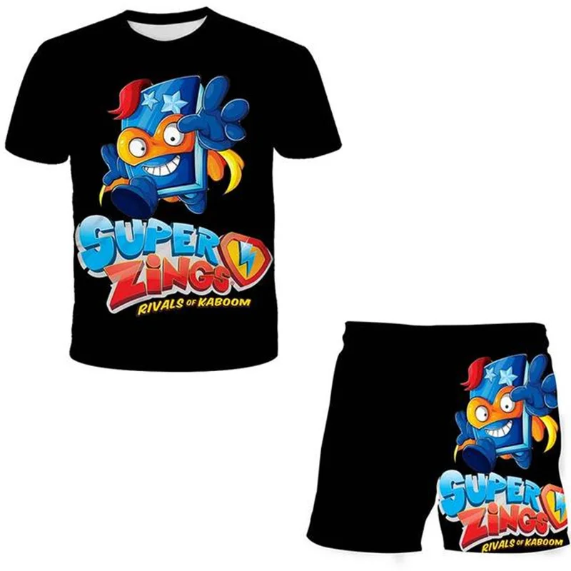 

Комплект одежды Super Zings из 2 предметов, Детская футболка с круглым вырезом и мультяшными рисунками, короткие брюки, одежда, наряды, летние костюмы для отдыха, наряды