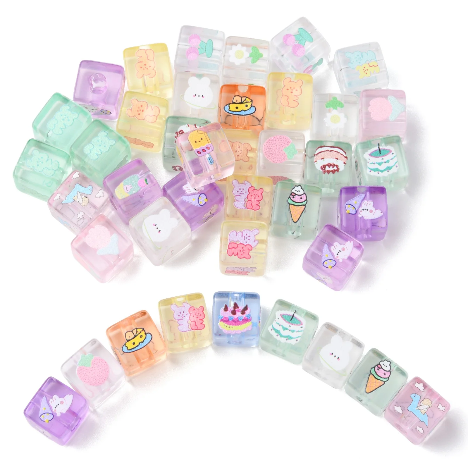 PandaHall 50Pcs Random Color Printed Square Shape Acrylic European Beads Cute Acrylic Beads with Large Hole for Jewelry Making