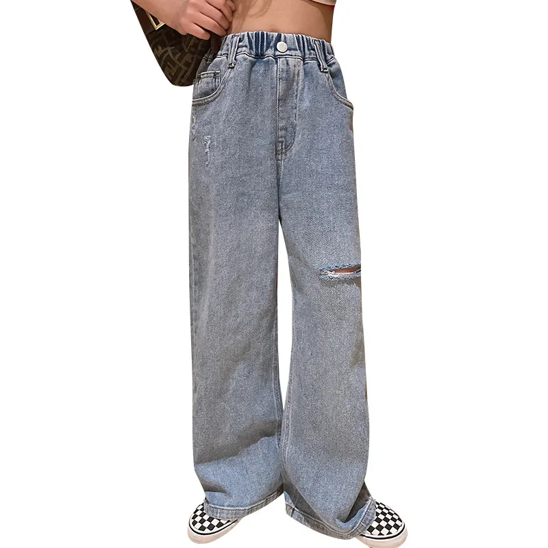홍콩 스타일 하이웨이스트 와이드 레그 진 (빅사이즈 여성용) 봄철 데미지 루즈핏 스트레이트 팬츠
