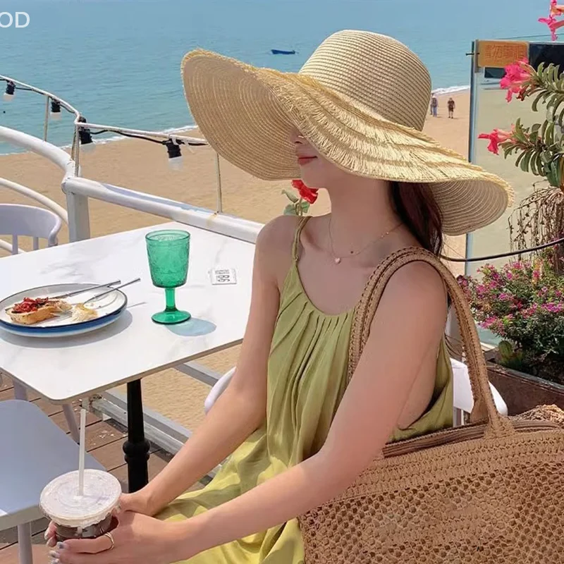 Durable Summer Beach Sunshade Straw Hat Women's Beach Vacation Sunscreen Hat Big Brim Straw Knitted