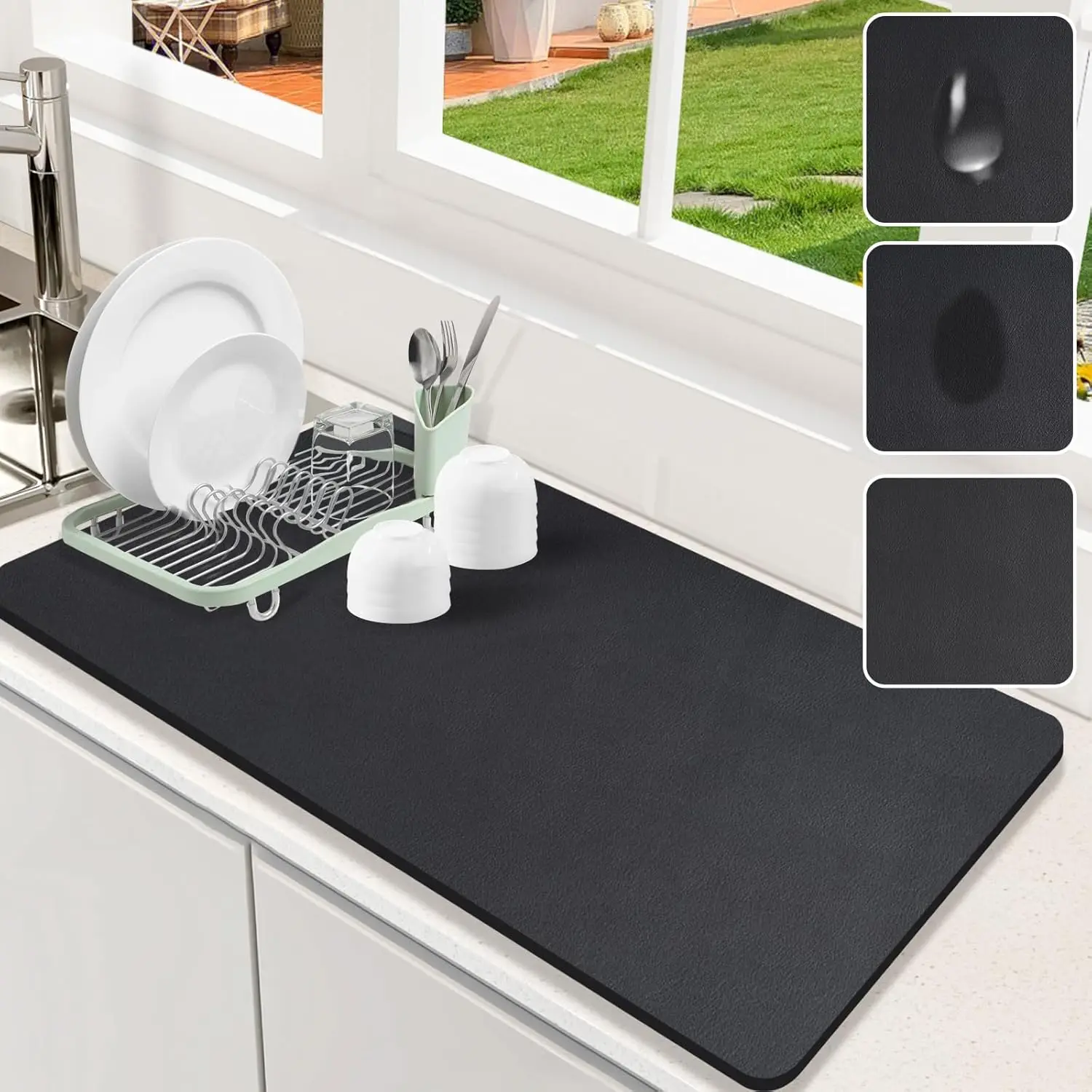 Deluxe Absorbent Countertop Dish Mat with Non-Slip Rubber Backing
