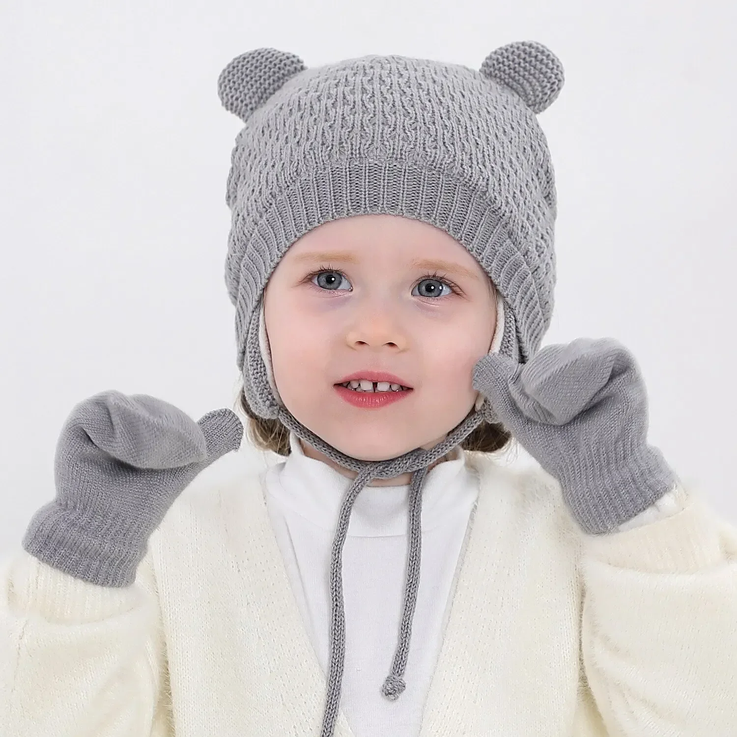 2Pcs Girls Boys Cute Outdoor War Baby Knit Gloves Hat Set Solid Color Autumn Winter Ear Protection Infant Toddler Beanie Cap For