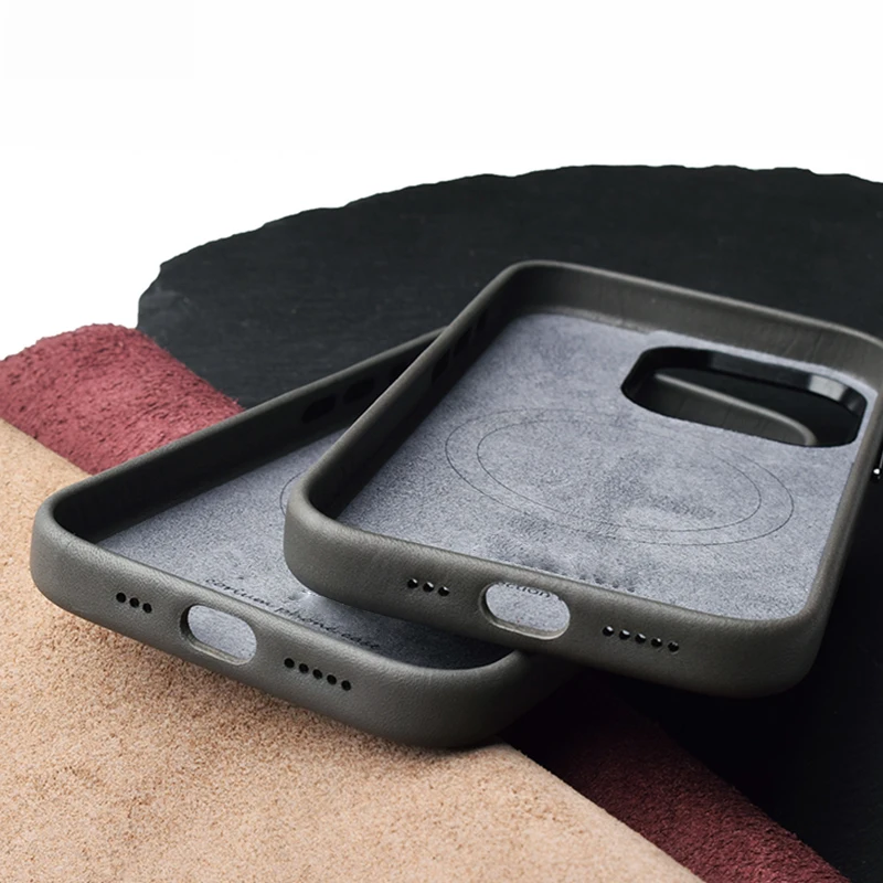 Italian Bonaudo Leather Case For iPhone 15 Pro Luxury Real Skin Phone Back Cover For Apple iPhone 15 Pro Magnetic Grey Color