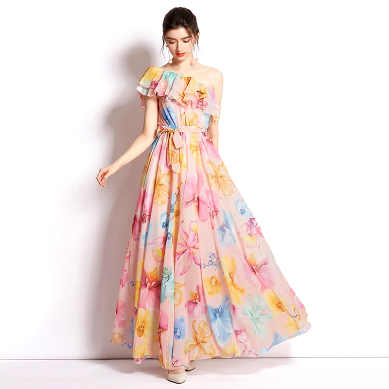 

2022 Summer Fashion Starfish Print Beach Dress Ladies Elegant Off Shoulder Oblique Collar Seaside Vacation Short Sleeve Dress