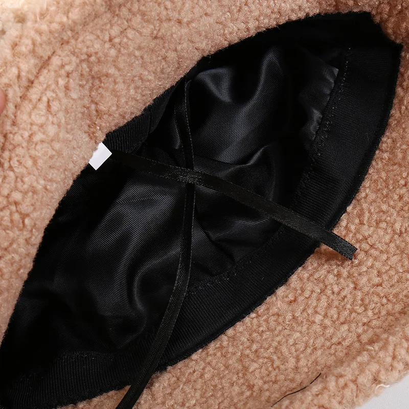 Fashion Women Men Winter Faux Wool Bucket Hat Lovely Cartoon Bear Pattern Printed Wide Brim Warm Panama Fisherman Cap for Women