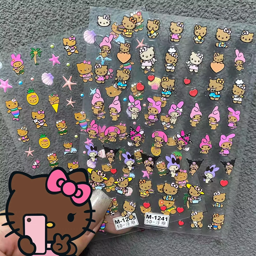 2개/세트 여름 태닝 헬로키티 5D 네일 스티커 엠보싱 Y2K 카와이 머메이드 헬로키티 네일 데칼 휴가 스타일 매니큐어