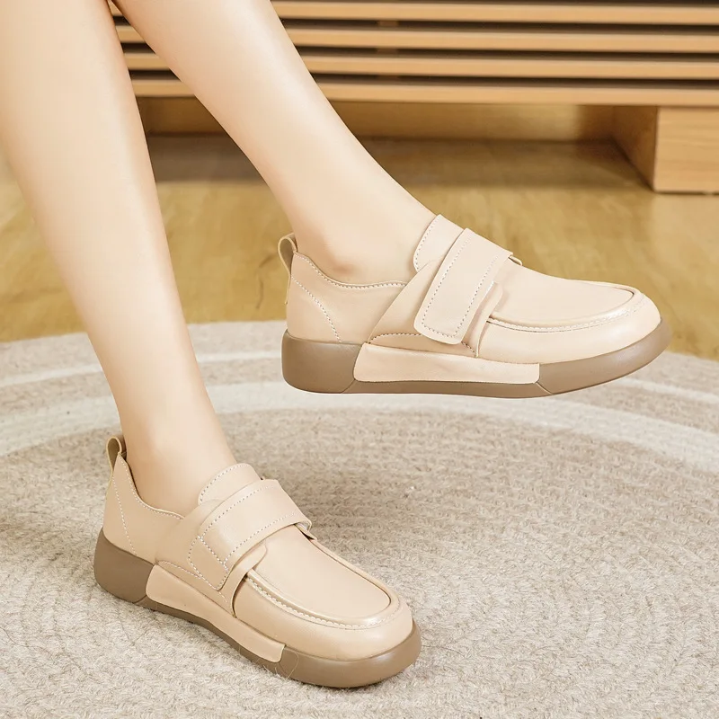 Krasovki 3cm Comfy Moccasins Fashion Hook Genuine Leather Women Vulcanize Shoes Natural Platform Flats Chunky Sneakers Lace Up 5