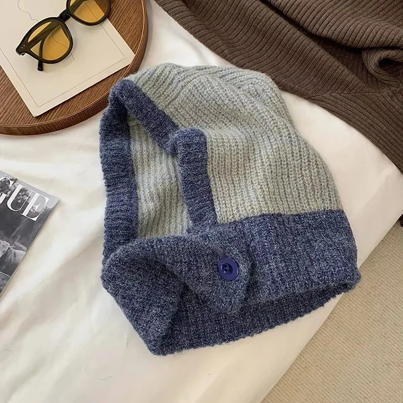 Japanese Retro Women's Balaclava Hat with Scarf Winter Warm Knit Cap Neck Cold Proof Fashion Color Matched Female Headwear 5
