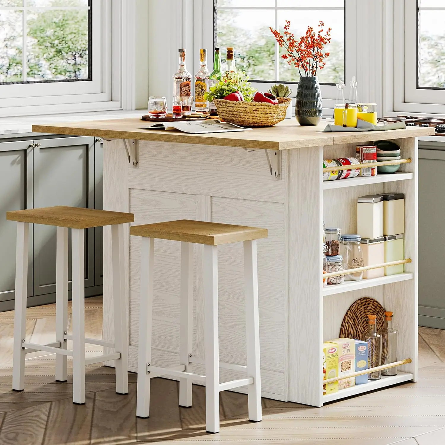 Kitchen Island with Stools, Large Countertop with Drop-Leaf, 2-Door Cabinet and 5 Open Side Racks, Ample Storage Space