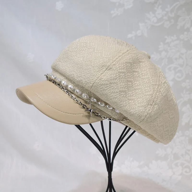 

202310-2508076 ins chic tweed metal chain pearl Decorate pu brim leisure newsboy lady Octagonal hat women visors cap