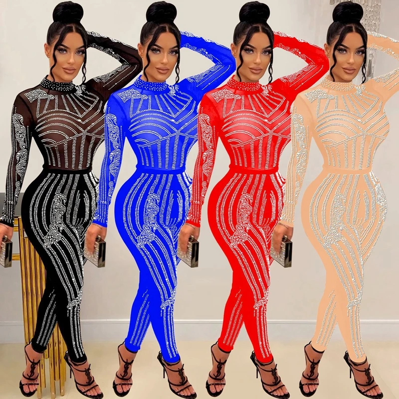 

Sexy Mesh See Through Rhinestone Jumpsuits For Women Long Sleeve Skinny Rompers Nightclub Evening Party Birthday Outfits