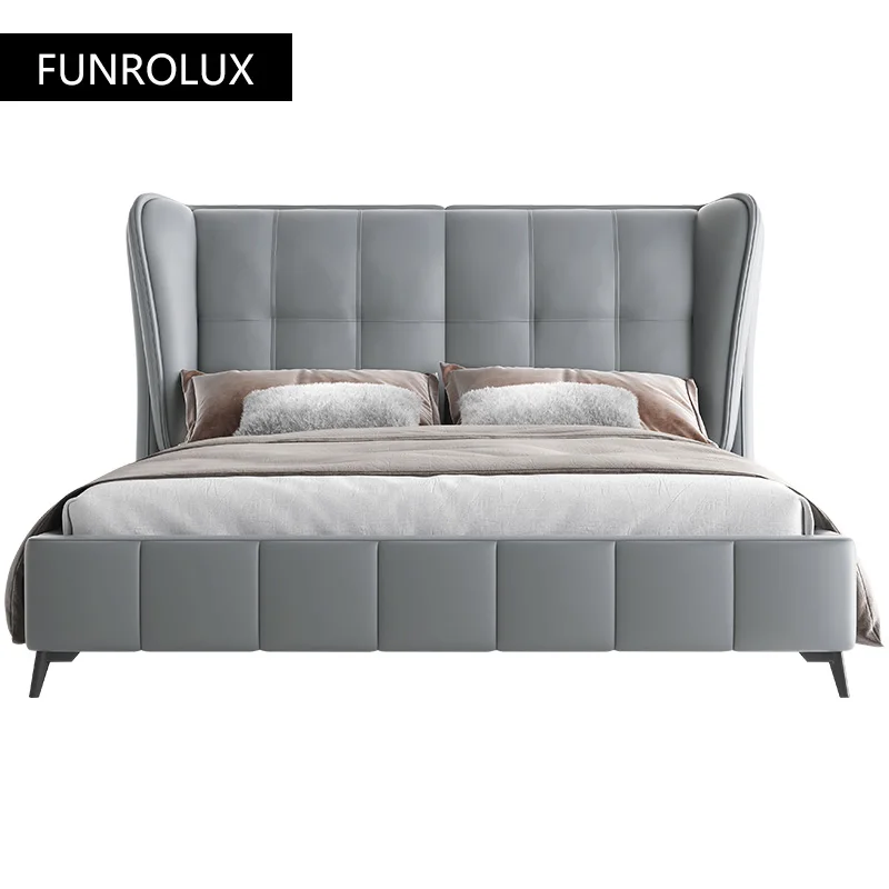 Luxury Modern Leather Bed Double Bed Master Bedroom1.5/1.8M Beige Matte Leather Soft Queen/King Size leather bed