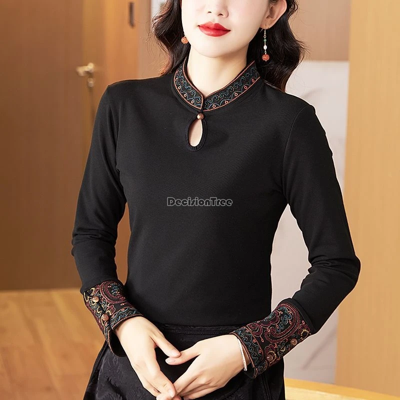

2024 chinese style spring retro new cheongsam blouse top slim standing collar long sleeve zen embroidery qipao base blouse w254