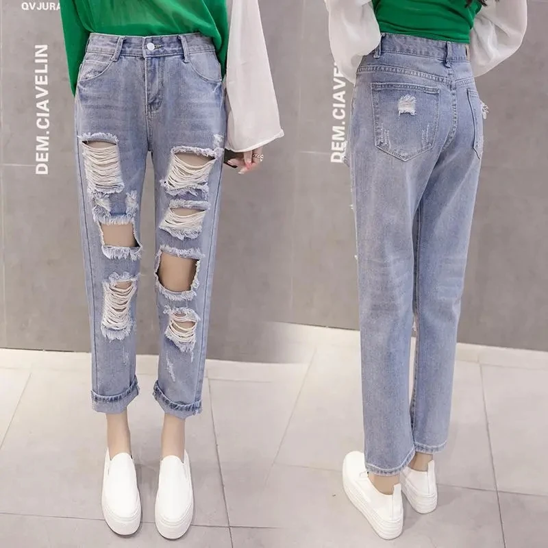 

2024 Female High Waisted Hole Wide Legs Denim Pants Ladies Student Loose Straight Cylinder Nine Points Pants Women Ripped Jeans