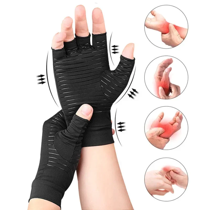 

1 Pair Compression Gloves Mens Hand Copper Arthritis Gloves Joint Pain Relief Half Finger Anti-slip Therapy Gloves For Womens