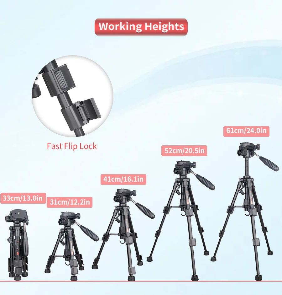 GS3 Mini Lightweight Desktop Tripod with 3-Way Flexible Pan Head and Bubble Leve