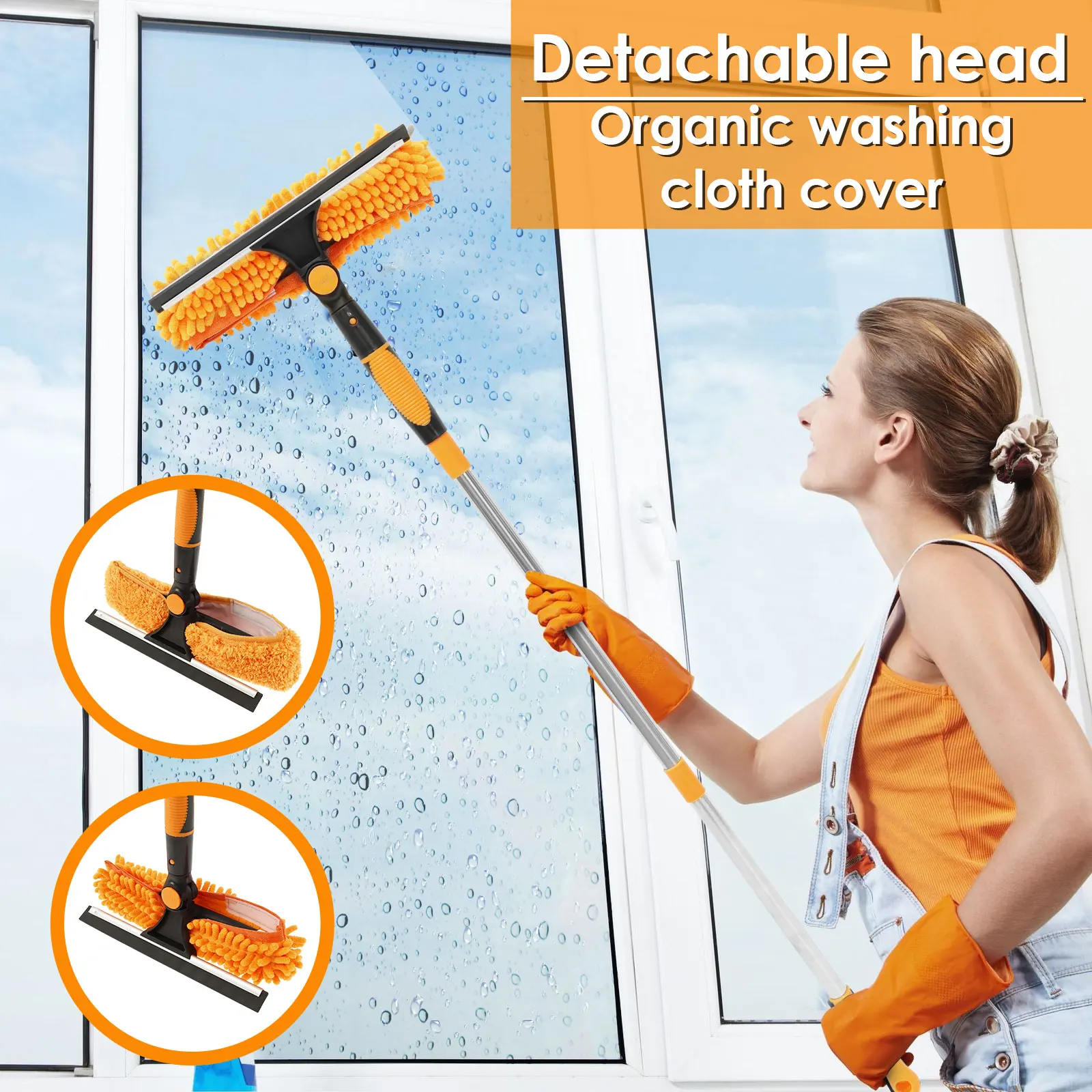 New 190CM Extended Window Cleaning Kit 2 in 1 Double Sided Glass Squeegee Cleaner Duster Mop 180° Swivel Window Cleaning Tools
