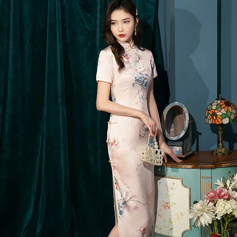 

Summer Female Chinese Elegant Lace Trim Mandarin Collar Cheongsam Handmade Button Short Sleeve Qipao Traditional Clothing