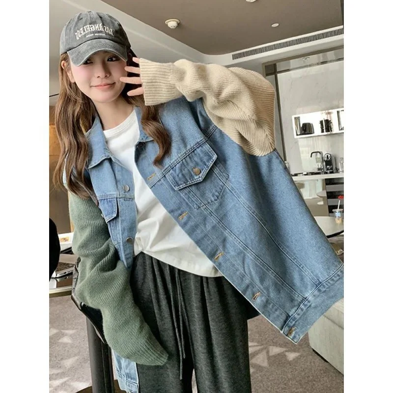 

Женская трикотажная джинсовая куртка SuperAen в стиле пэчворк, весна-осень 2024, новая свободная джинсовая куртка в Корейском стиле