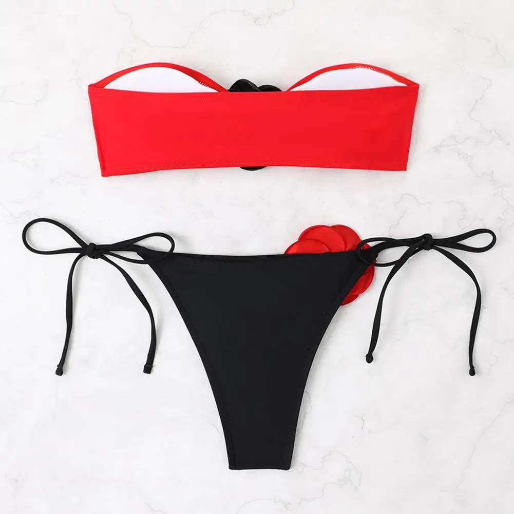 

Three-dimensional Flower Bikini Off Shoulder Lace-up Bikini Set with Fake Flower Decor Soft Detachable Pads Women's Beachwear