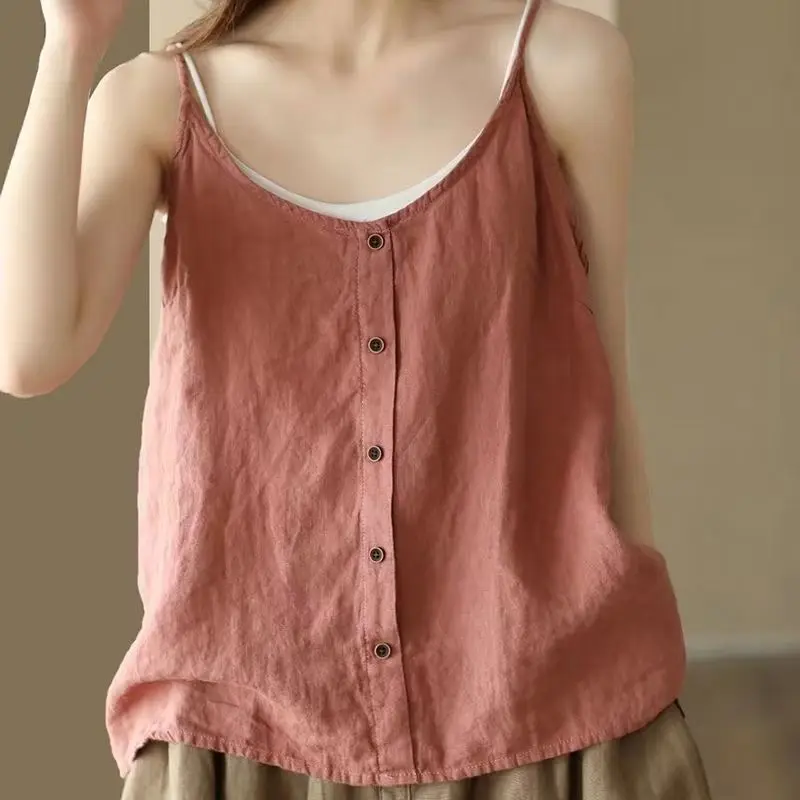 

Summer Womens Cotton And Linen Camisole Vest Button Top