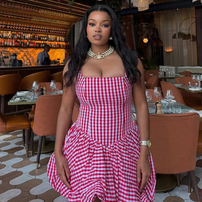 Y2K Elegantes Damen-Minikleid in Rosa mit Gingham-Karomuster, Süßes Sommerkleid mit Quadratischem Ausschnitt, Ärmellos, Kariert, A-Linie, Ausgestellter Saum