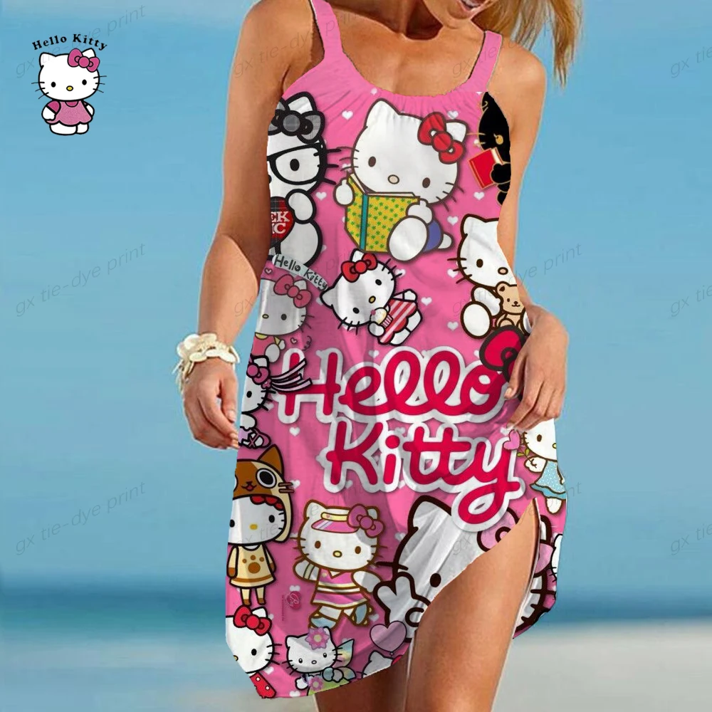 

Hello Kitty Print Women's O-Neck sleeveless High Low Wrap Dress Ruffle Hem Long Casual Dresses Summer Beach Maxi Dress