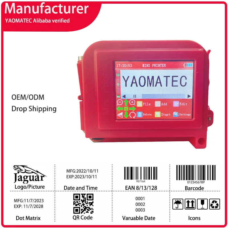 

YAOMATEC mini portable printer QR Bar Batch Code Date Logo Expiry Label Portable Handheld Jet Thermal Inkjet Printer