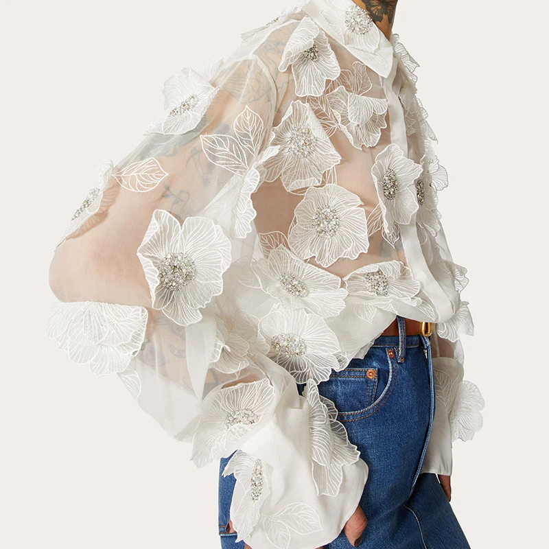 fashionable-lapel-embroidery-three-dimensional-flower-shirt-sequin-splicing-design-shirt-white-perspective-elegant-women's-top