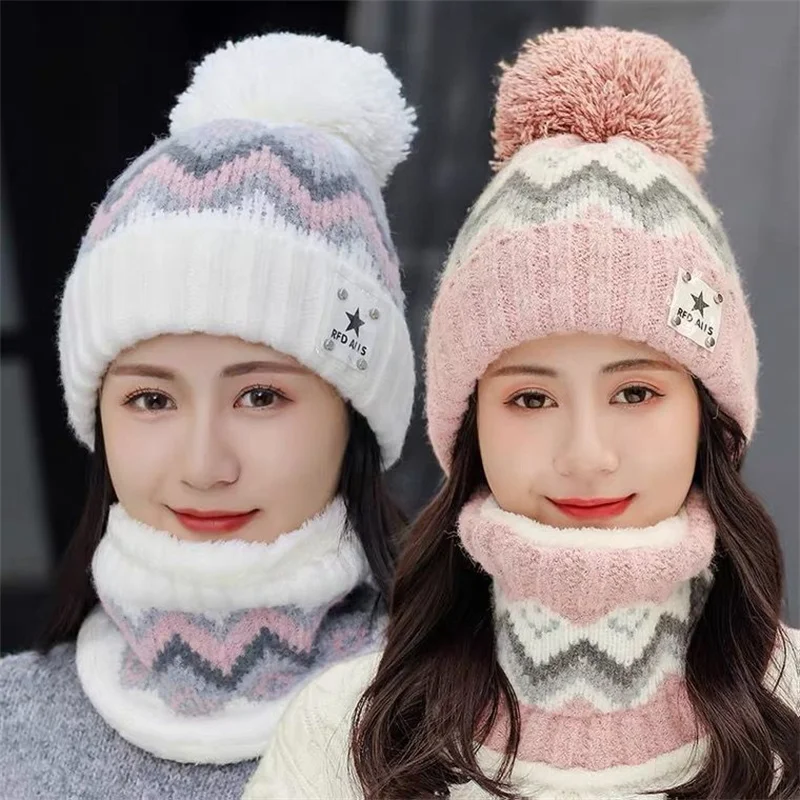 

2022 New Winter Hats Women With Bib Cute Warm Velvet Wool Hat Female Thicking Riding Windproof Knit Hat Skullies Beanie Caps Set