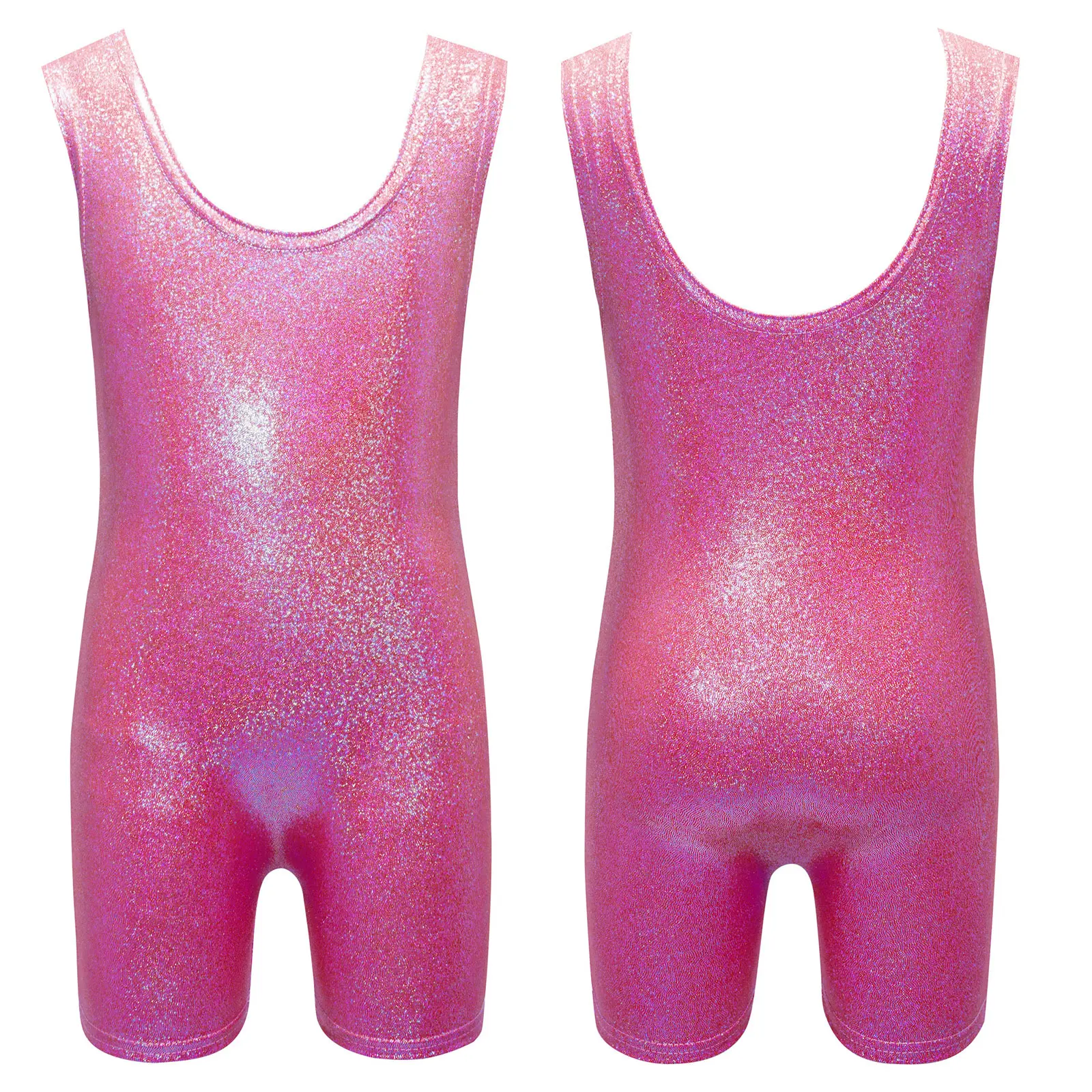 TiaoBug One Peice Kids Girls Gymnastics Dance Metallic Leotard U Neck Sleeveless Stretchy Jumpsuit Dancewear