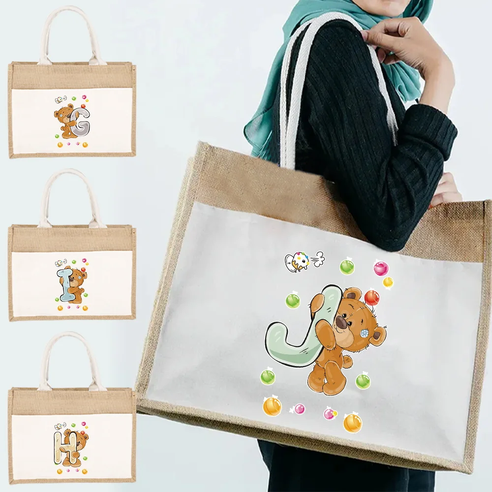 

2024 New Tote Bags Jute Handbag Linen Shoulder Sacks Linen Shoulder Sacks Bear Letter Serise Grocery Shopping