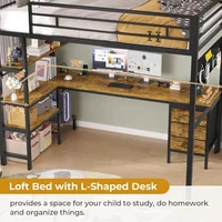 Loft Bed Twin Size with L-Shaped Desk, LED Lights,Charging Station,Twin Metal Loft Bed with Desk, Fabric Drawers & Shelves 2