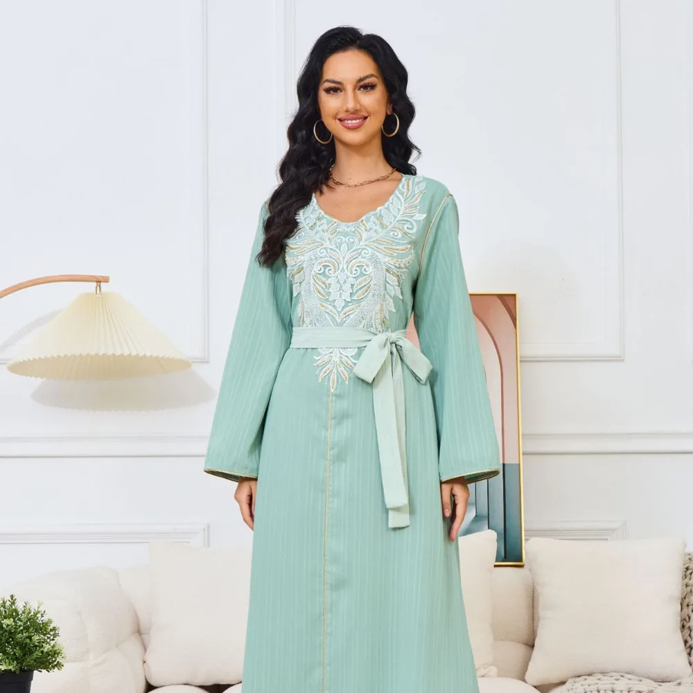 

Abaya Arab Apparel Women's Round Neck Beaded New Long Sleeve Elegant Dress With Belt Dubai Ramadan Gurban Muslim Abaya For Women
