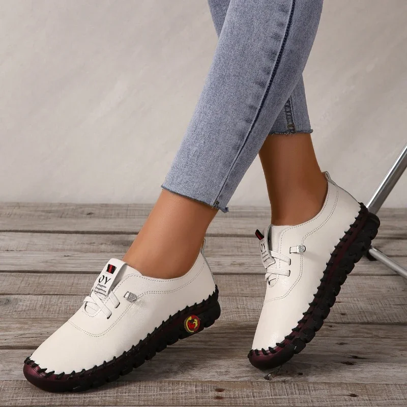 Spring Casual Women Shoes Platform Loafers Lace Up Leather Flats Slip-On Mom Shoe