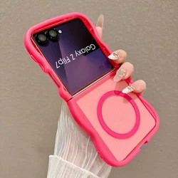 Wave Curly Frame Shockproof Glitter Clear Magnetic Case with Magsafe Wireless Charging Compatibility - Galaxy Z Flip5 (Rose Red)