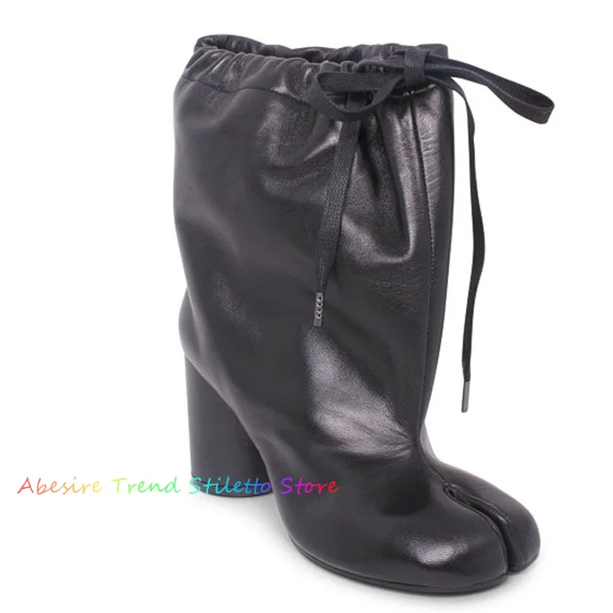 Black Leather Split Toe Shoes Women Chunky High Heels Lace up 2024 Runway New in Mid Calf Boots Luxury Designer Comfy Boot