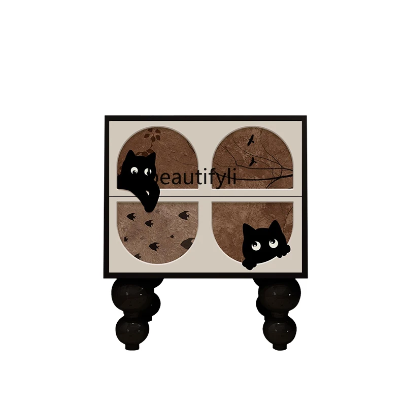 

Modern Cream Cat Solid Wood Bedside Cabinet Bedroom Bedside Storage Living Room Sofa Installation-Free Locker Furniture