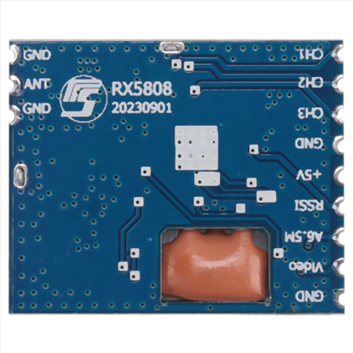 Module récepteur 5.8G RX5808 FPV installé sur un drone, avec câbles audio et vidéo branchés pour transmission sans fil.