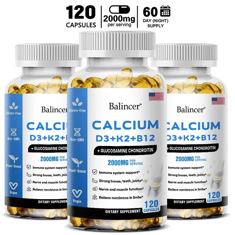 

D3+K2+B12&Calcium&Glucosamine Chondroitin, 2000mg per serving, for strong bones, teeth and joints, non-GMO