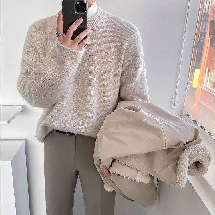 Autumn and Winter New Men's Cotton Long Sleeve Knit Sweater Basic Designed Casual Crew Neck Solid Color Pullover Top C185